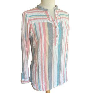 BKE Eased Fit Bayadere Striped Popover Shirt Sz S Pastel Rainbow Coastal Beachy
